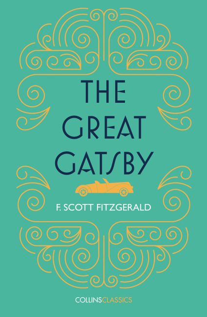 The cover for The Great Gatsby featuring gold art deco patterns on a green background.
