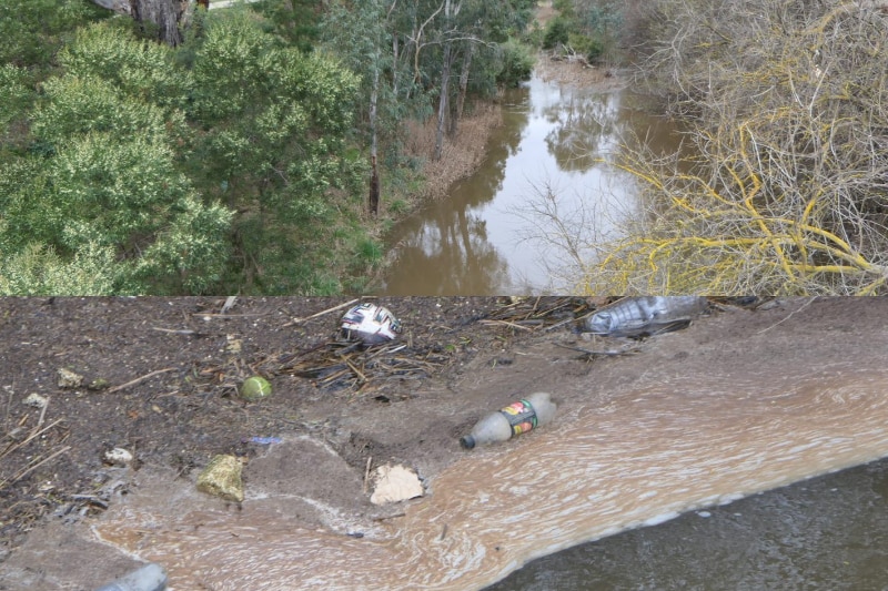 A composite picture of the Werribee River and litter on the water surface