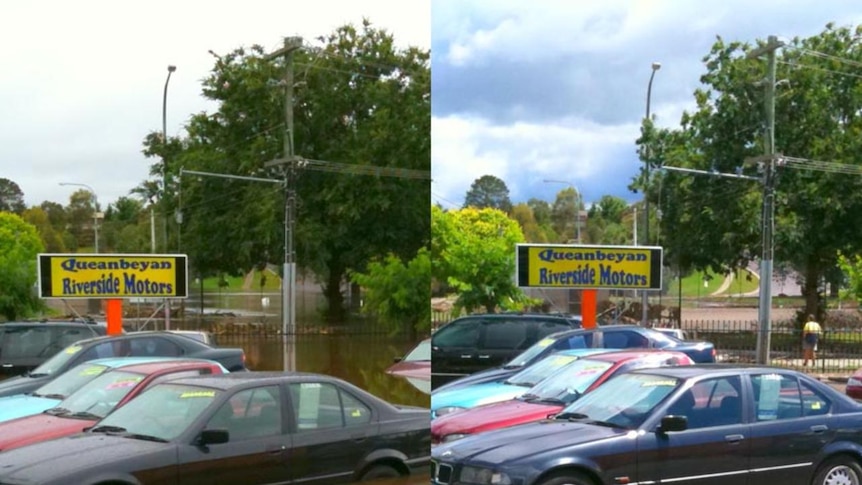 Stark contrast: a riverside caryard during and after the Queanbeyan flood.