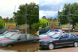 Stark contrast: a riverside caryard during and after the Queanbeyan flood.