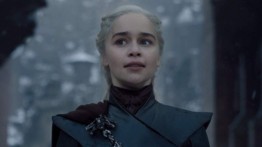 Daenerys addresses her troops with a crazed look on her face.