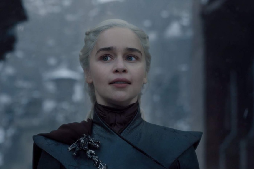 Daenerys addresses her troops with a crazed look on her face.