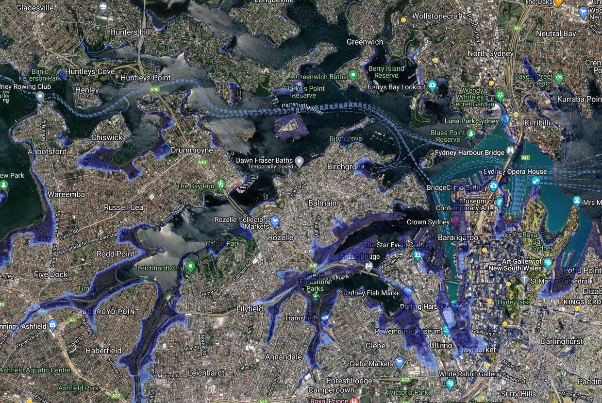 A map of Sydney harbour, with areas around the harbour shaded in blue, to represent rising sea levels.