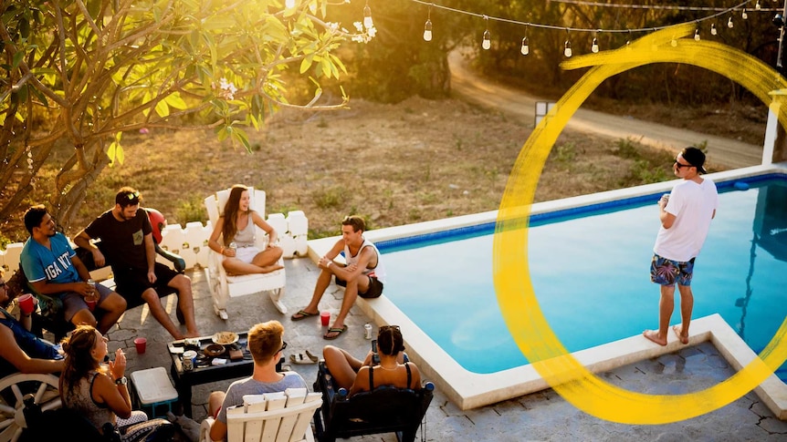 A group of people socialising and drinking by a pool, with one man standing on the pool edge to depict social anxiety.