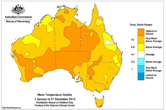 2013 annual mean temperatures compared to historical records.