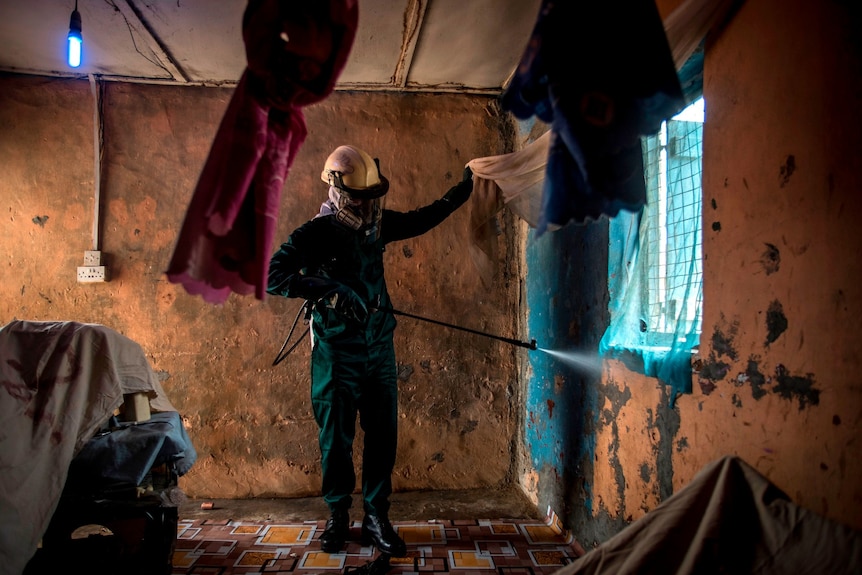 A man in face mask spraying liquid onto the inside walls of a house