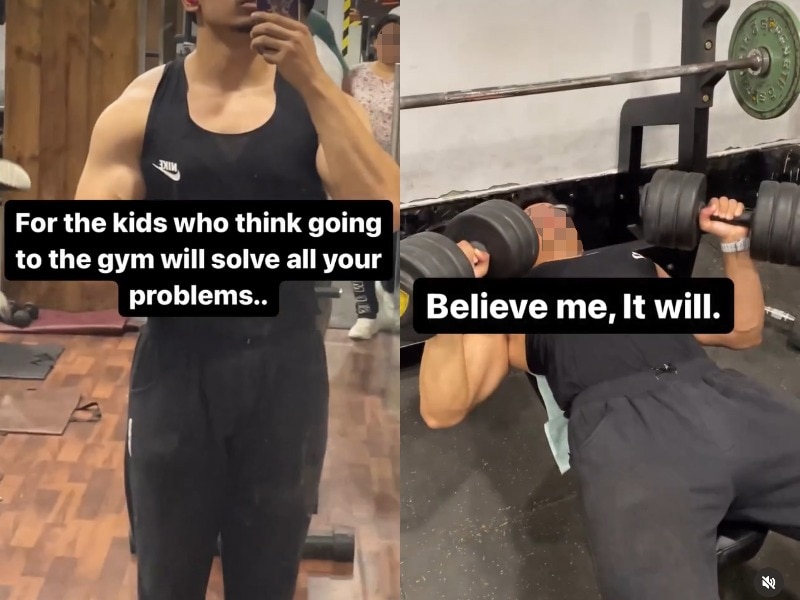 Screenshot of two instagram posts of a man at the gym, with text suggesting working out will solve young people's problems