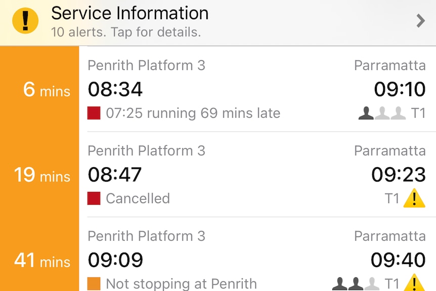 Screenshot showing delays on Sydney train lines at Penrith station