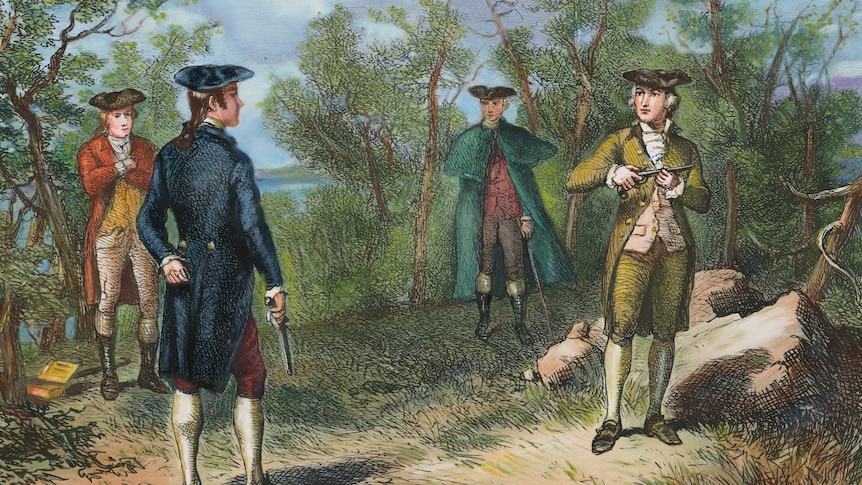 A colour picture of two men facing each other with pistols and two other men in the background.