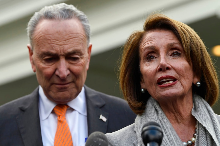 Nancy Pelosi mid-sentence with microphones in front of her. Chuck Schumer is behind her.