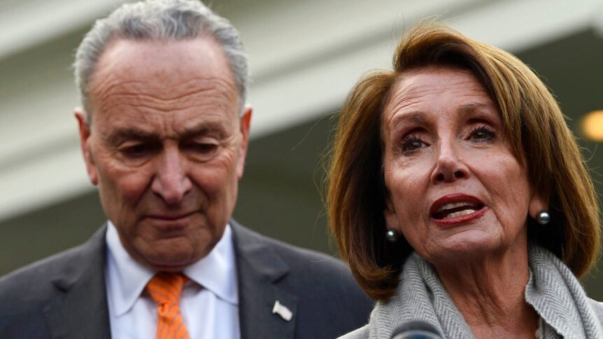 Nancy Pelosi mid-sentence with microphones in front of her. Chuck Schumer is behind her.