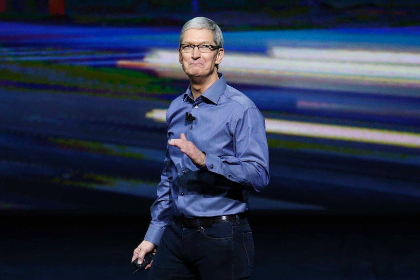 Tim Cook speaks during an Apple media event