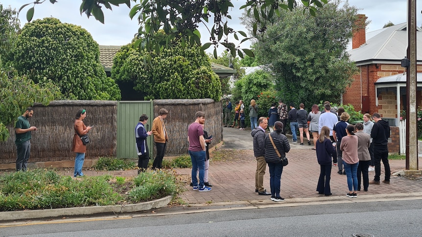 A long queue of people standing along a driveway and along a street