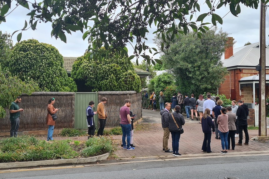 A long queue of people standing along a driveway and along a street