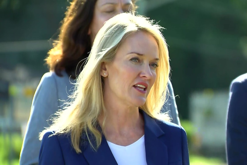 a woman standing outdoors talking to the media