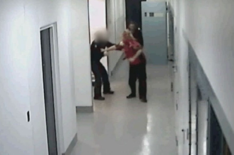 Security footage shows police using capsicum spray and kicking woman in custody