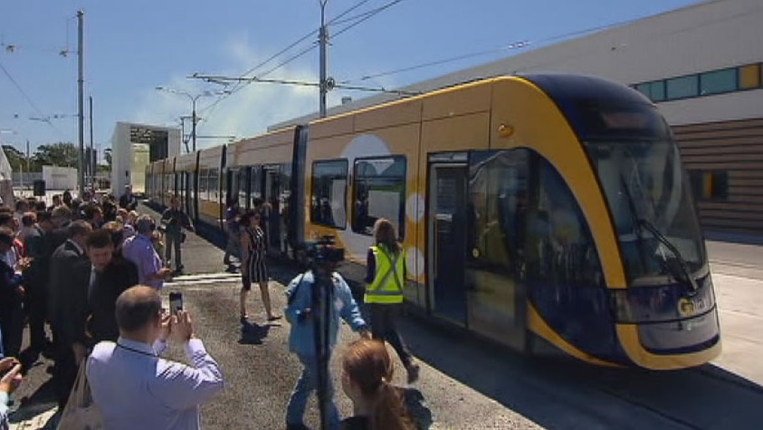 The first Gold Coast light rail carriages are unveiled.
