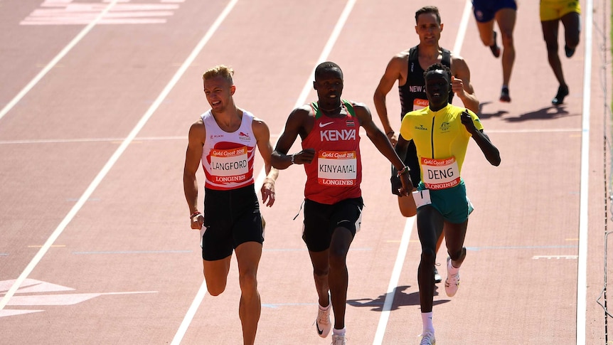 Australia's Joseph Deng (R0 runs in the 800m final at 2018 Commonwealth Games on the Gold Coast.
