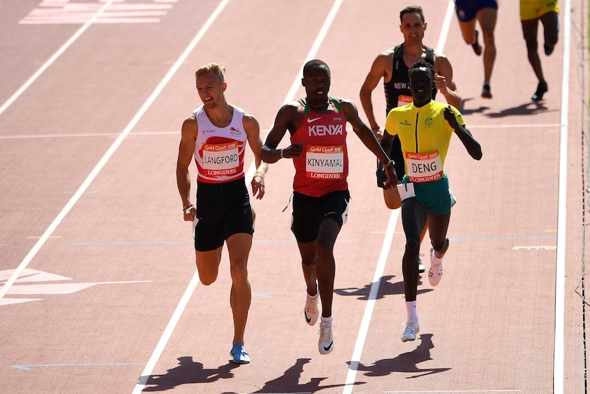 Australia's Joseph Deng (R0 runs in the 800m final at 2018 Commonwealth Games on the Gold Coast.