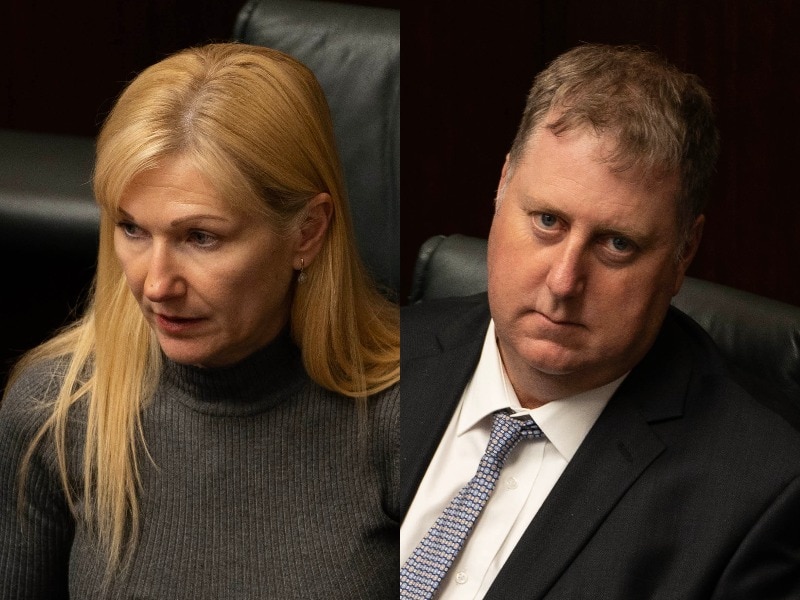 A composite of Tasmanian MPs Lara Alexander and John Tucker in parliament.