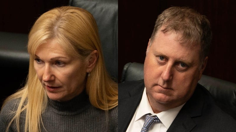 A composite of Tasmanian MPs Lara Alexander and John Tucker in parliament.