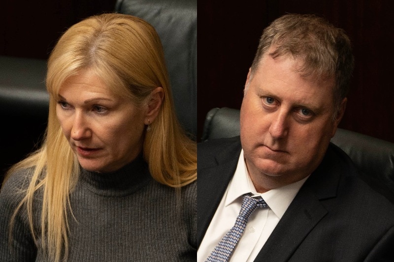 A composite of Tasmanian MPs Lara Alexander and John Tucker in parliament.