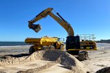 An excavator removes sand from a truck on a beach