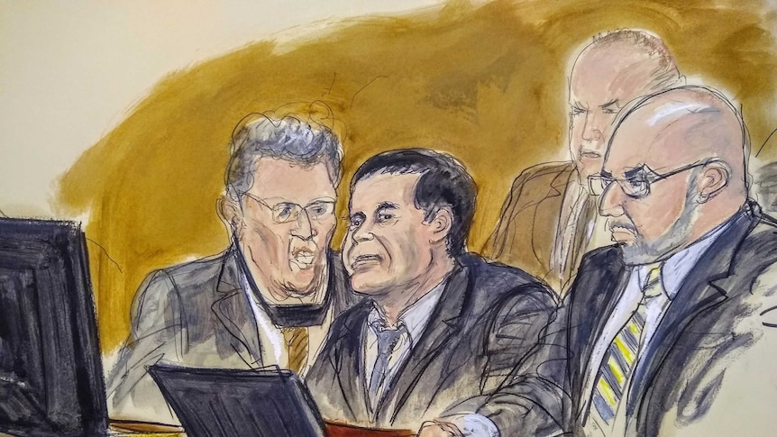 In this courtroom drawing, Joaquin "El Chapo" Guzman, centre, sits at the defense table while listening to the judge.