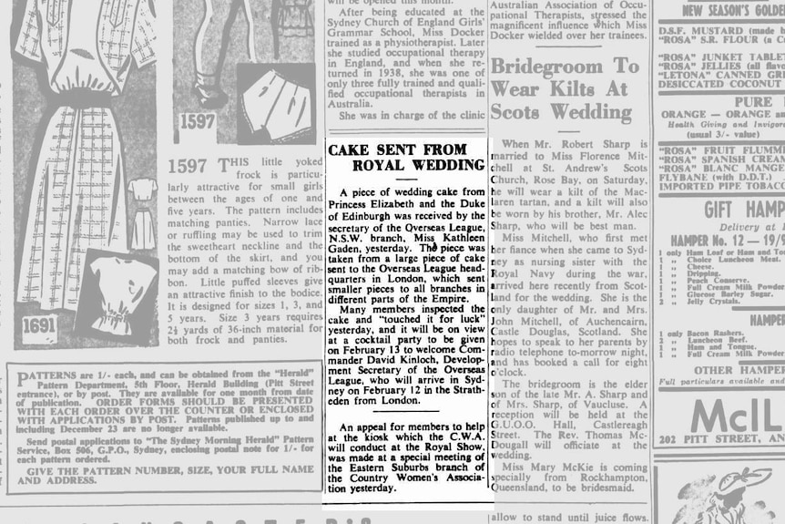 A Sydney Morning Herald article from February 5, 1948, that talks about the royal wedding cake.