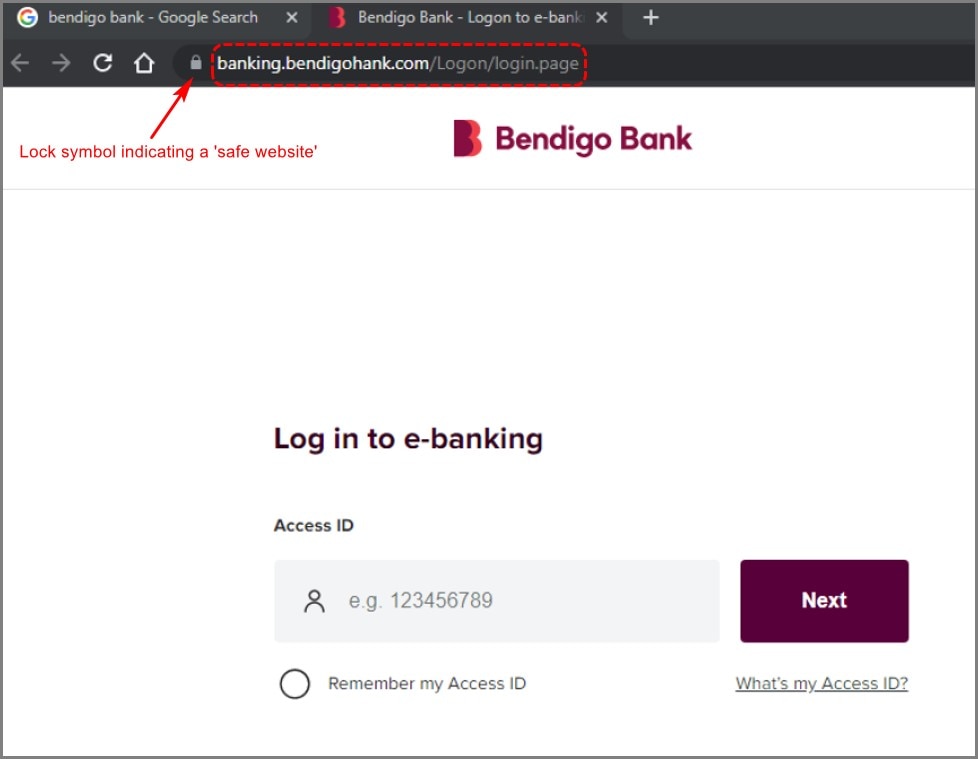 The fake Bendigo Bank website.