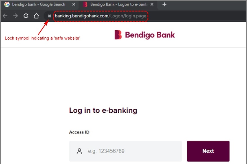 Фалшивият уебсайт на Bendigo Bank.