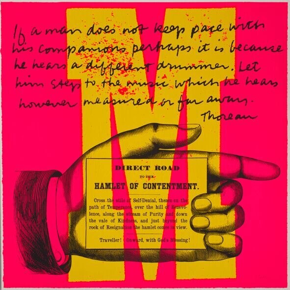 A screen printed artwork. A red background, large yellow M and black handwriting appears.
