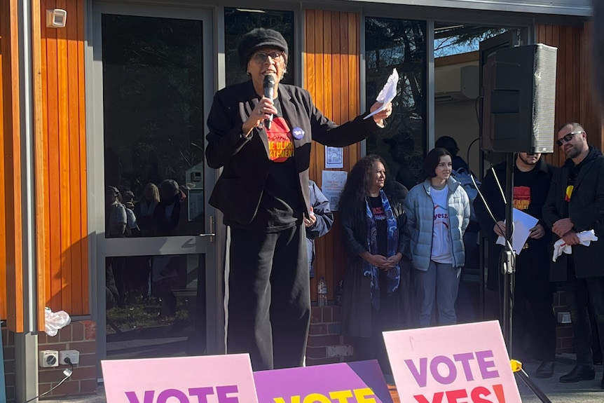 Aunty Violet Sheridan speaks on-stage at the Come Together For Yes event in Canberra