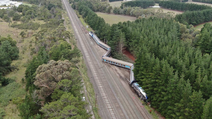 An aerial shot of a train which has derailed, with its carriages standing at irregular angles.