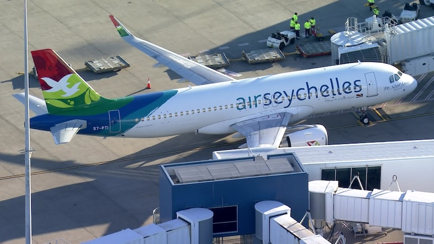 a plane with the air seychelles logo touches down on a runway