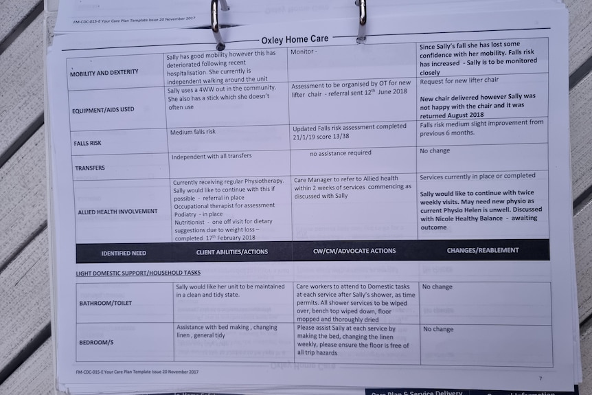 A copy of a care plan.