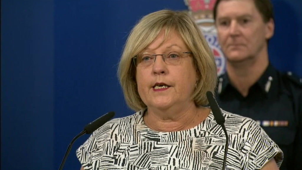 Police Minister Lisa Neville at a press conference at with Deputy Commissioner Shane Patton behind her.