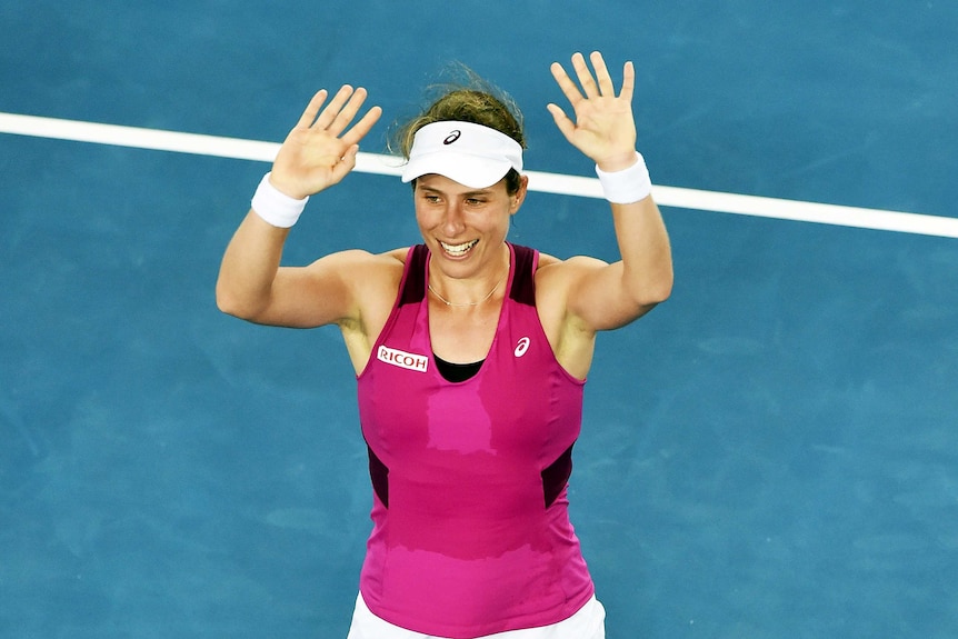 Johanna Konta celebrates a win at the Australian Open