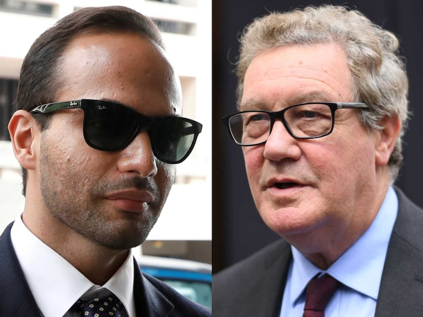 A composite image shows close-up portraits of George Papadopoulos and Alexander Downer