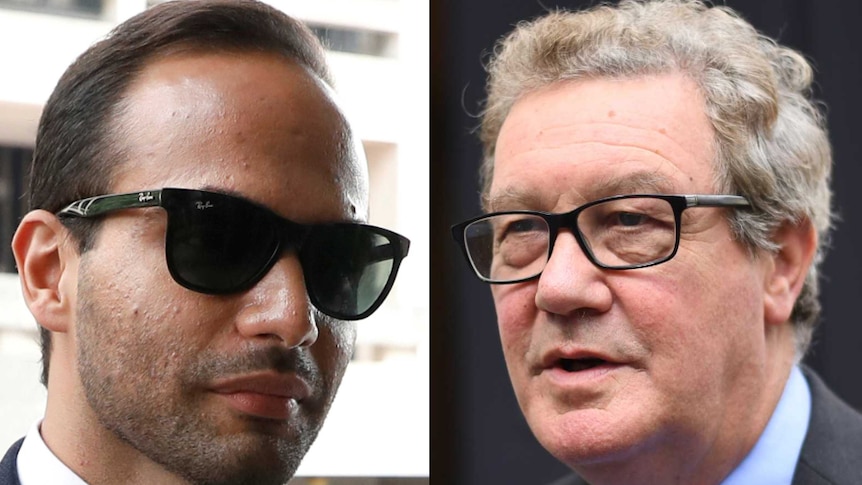 A composite image shows close-up portraits of George Papadopoulos and Alexander Downer