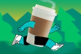 A coffee cup with arms and legs runs through a forest, for a story about using caffeine to boost exercise performance.