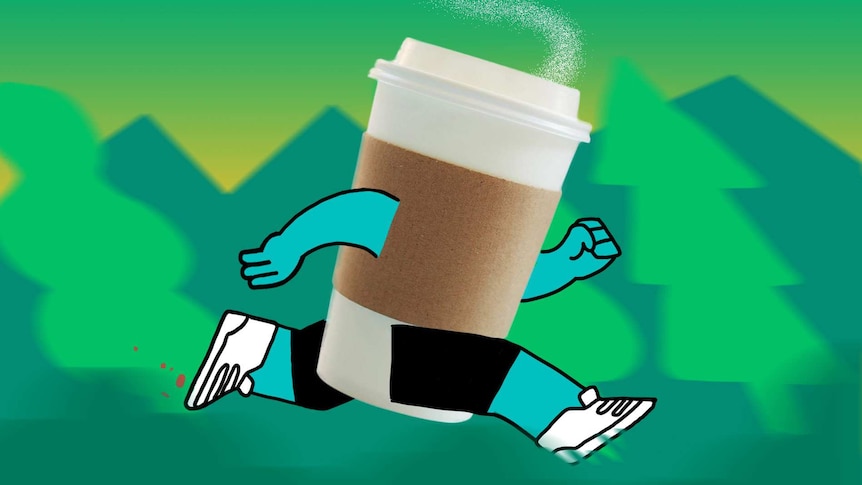 A coffee cup with arms and legs runs through a forest, for a story about using caffeine to boost exercise performance.