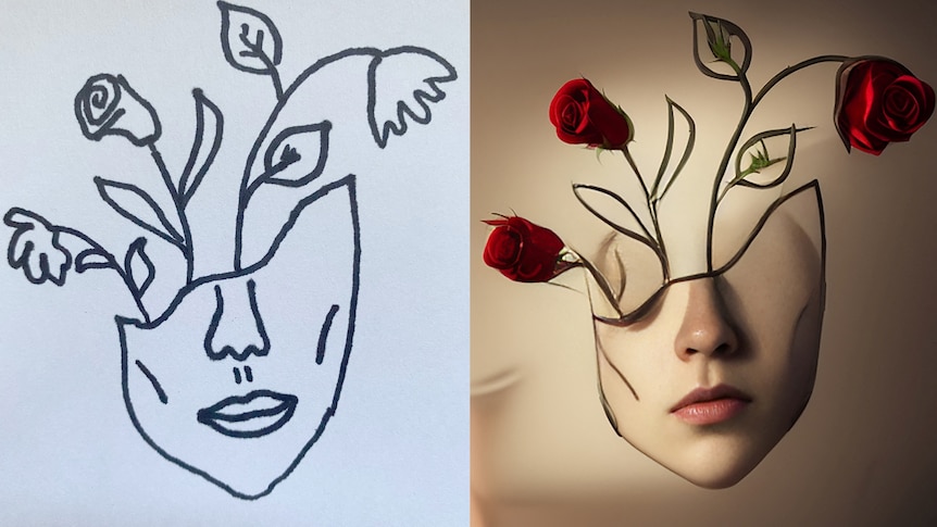 Two images of the bottom half of a face, with roses growing out of it: A rough sketch on the left, a painting on the right