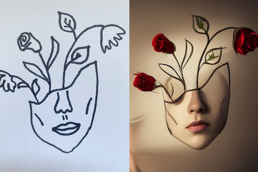 Two images of the bottom half of a face, with roses growing out of it: A rough sketch on the left, a painting on the right