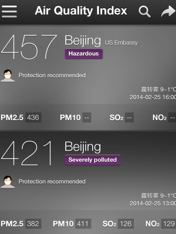 Smartphone application gives China smog levels