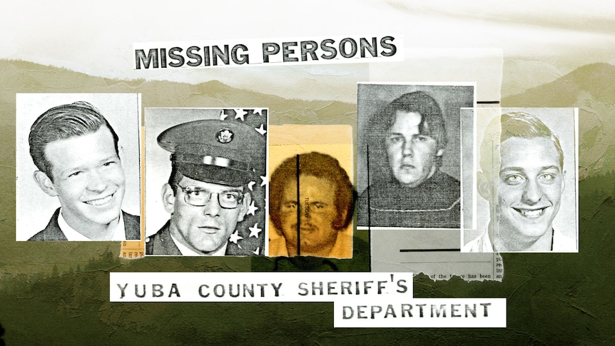 Headshots of five men laid over a cloudy background beneath type saying Missing Persons 