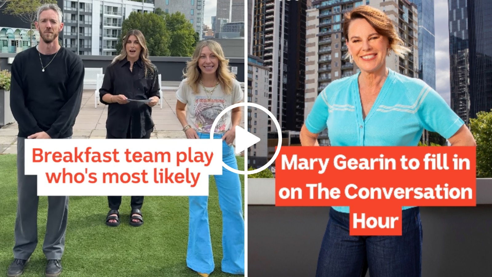 three people standing on grass with a smile on the left frame, and a woman in blue on the right frame