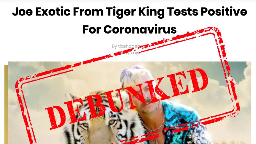 a screengrab of a debunked article claiming Joe Exotic from Tiger King has tested postiive for COVID-19