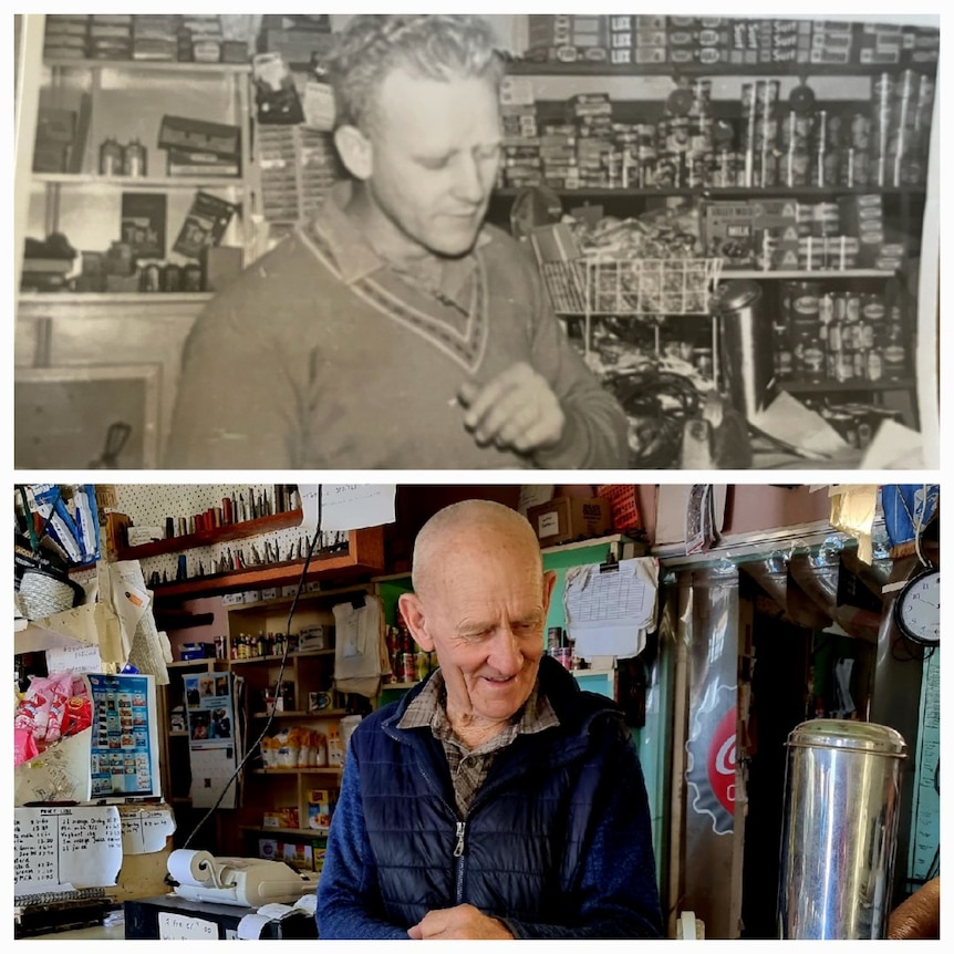 A split image showing a man aged in his 30s and then in his 80s. He is behind the counter of a shop in both shots.