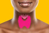 A close up of a woman's neck, with a pink butterfly shaped graphic where the thyroid gland would be